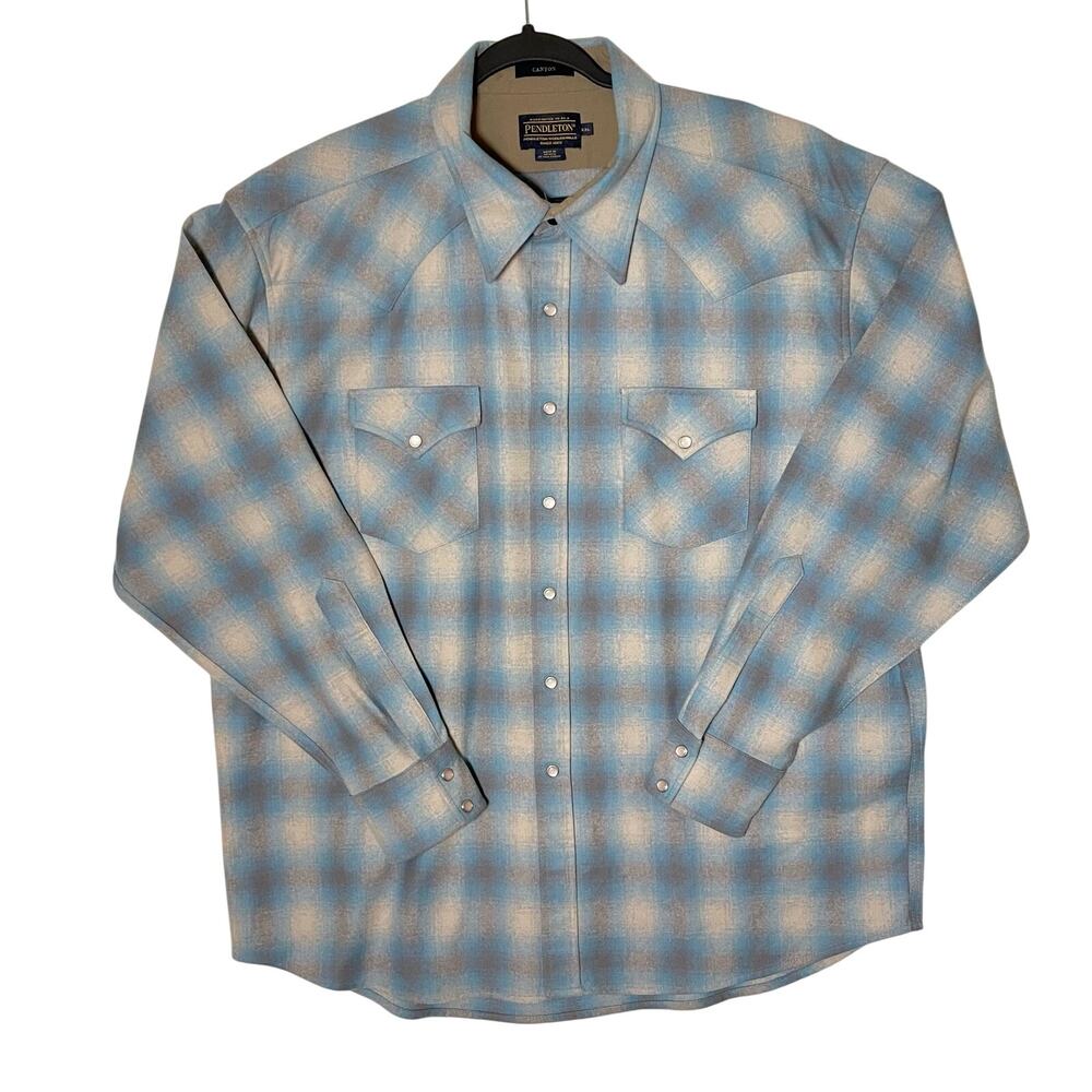 Pendleton Canyon Men's XXL Western Shirt Wool Pearl Snap Plaid
Blue Beige